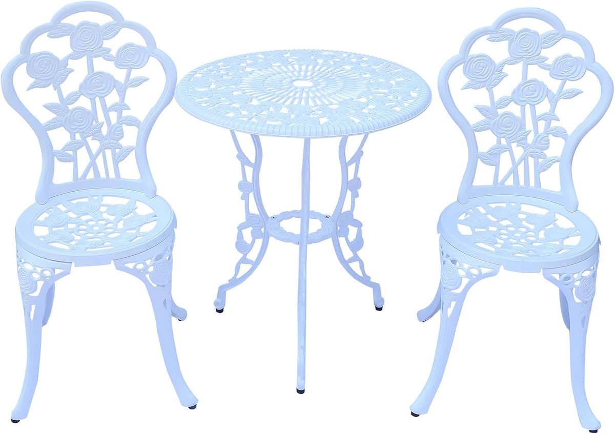 3-Piece Cast Aluminum Outdoor Bistro Set, Outdoor Table and Chairs Set of 2 with Umbrella Hole for Patio Garden Park(White, Rose)