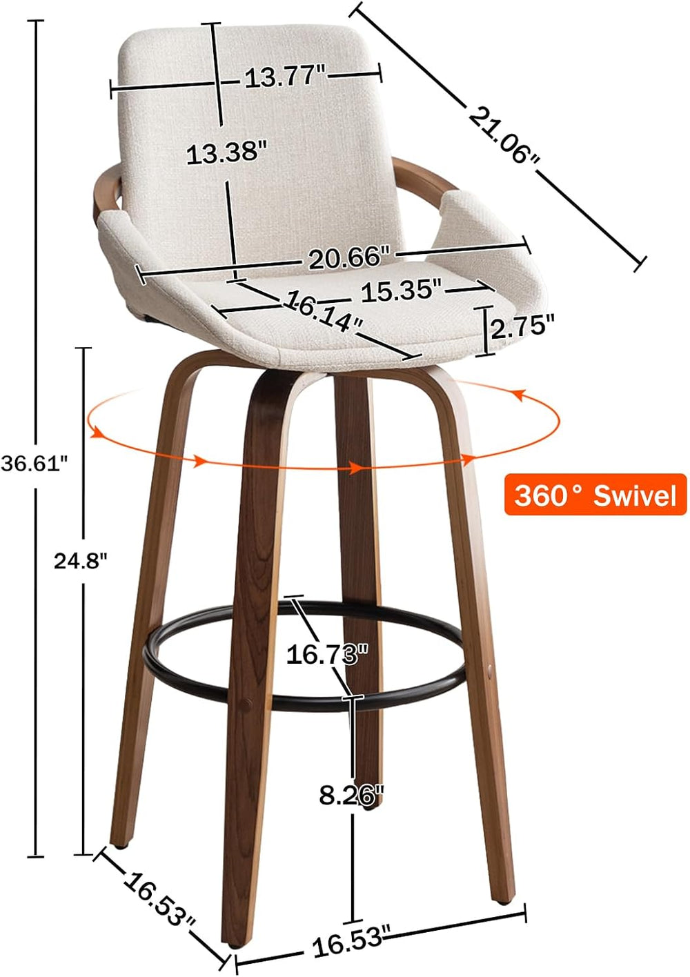 LUNLING 25.6" Counter Height Barstools Set of 3 Mid Century Modern Retro...