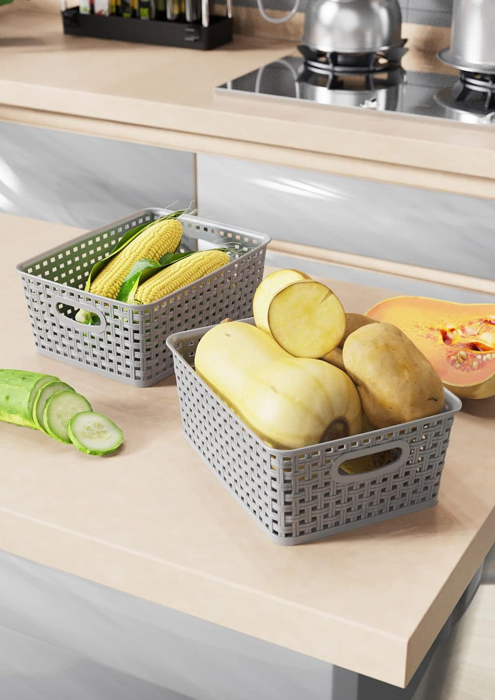 WYT 12-Pack Plastic Small Shelf Storage Weave Baskets for Organizing, Grey