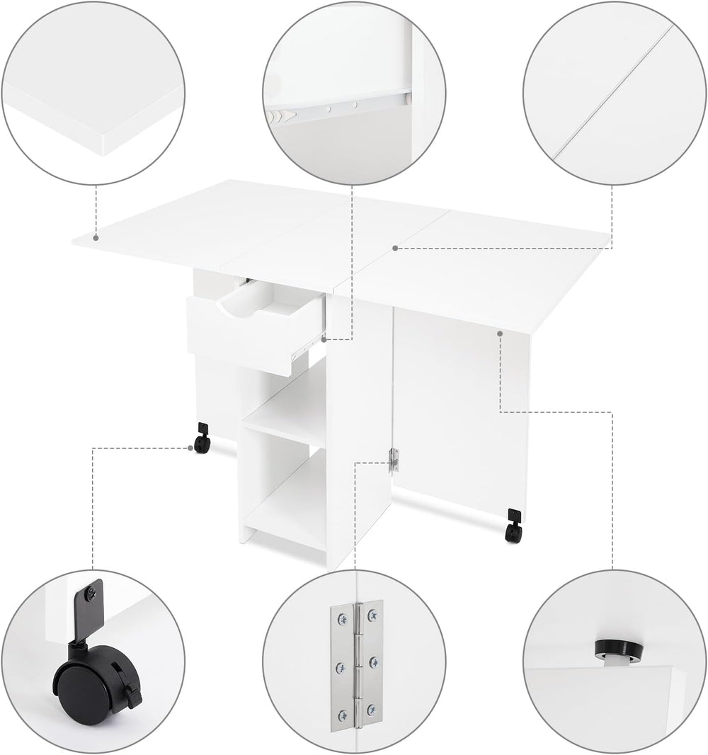 Mondeer Folding Dining Table with Drawer and Shelves, White