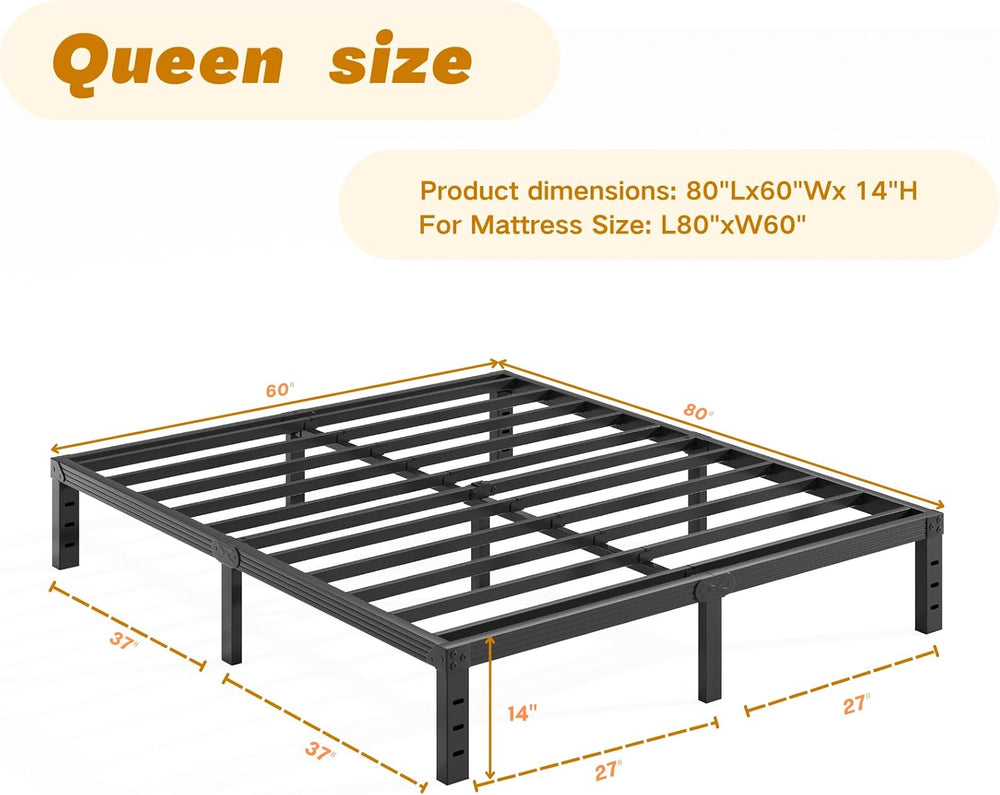 14 Inch Metal Queen Bed Frame with Storage, Black, No Box Spring