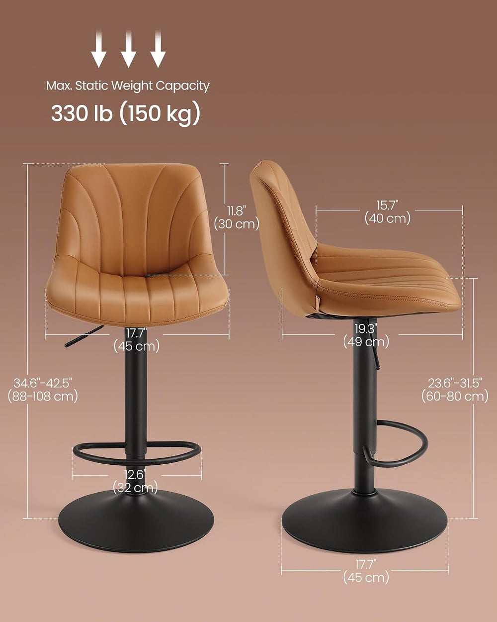VASAGLE Bar Stools Set of 4, Adjustable Bar Chairs with Backs, 360° Swivel