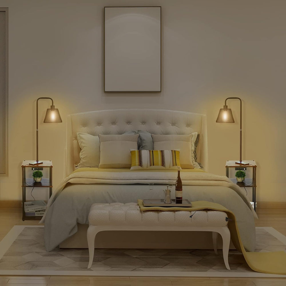 Floor Lamp with Table and Shelves, Side Table with USB Charging Port and Outl...