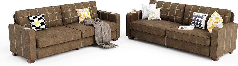 Ribilake 80 Inch Brown Faux Leather Sofa Couch (2 Sets)