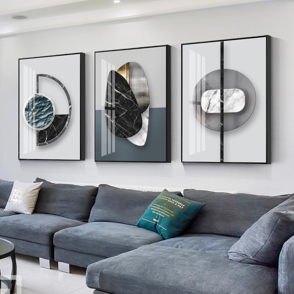 QKF 3Pcs Abstract Marble Geometric Crystal Surface Framed Canvas Wall Art