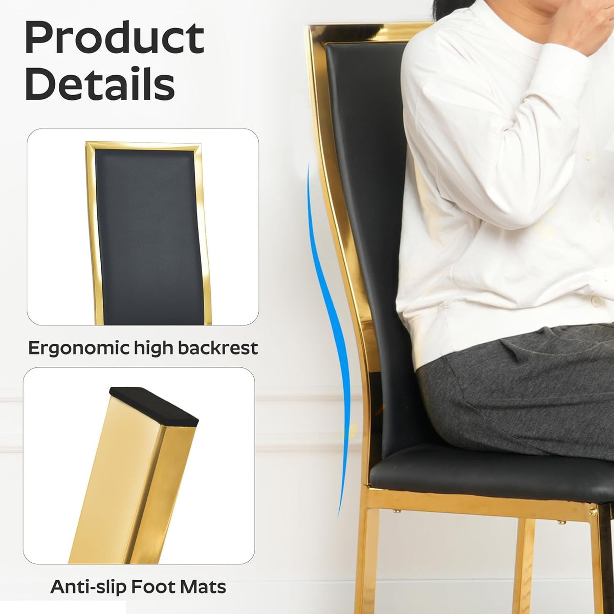 Modern Dining Chairs Set of 2, Black Faux Leather with Chrome Gold Metal Legs, Curved High Back Design & Cloud Cushioning, Mid-Century Kitchen Chairs with Non-Slip Feet (Easy Assembly)