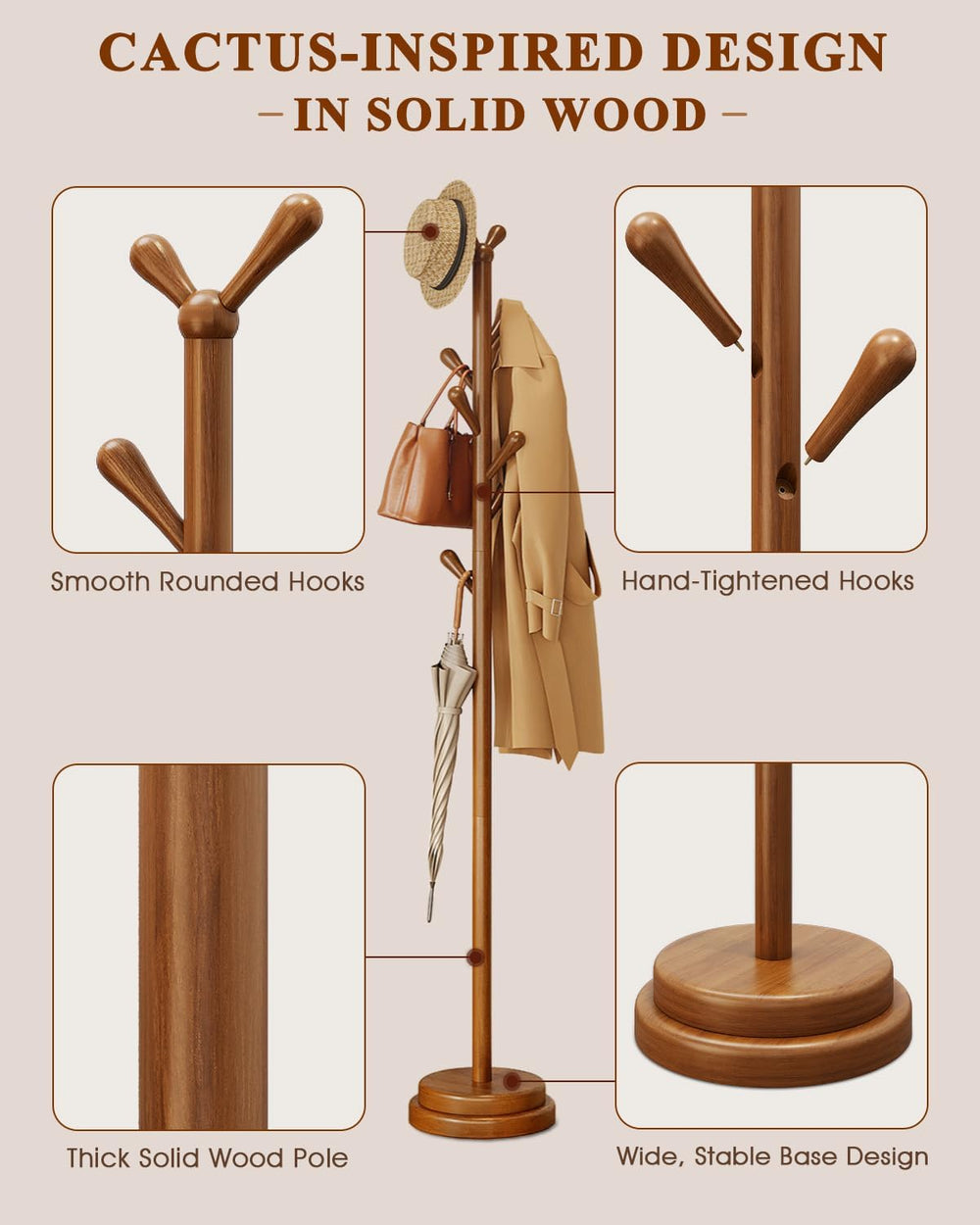 STARSAGA Solid Wood Coat Rack Freestanding Coat Tree with 8 Hooks