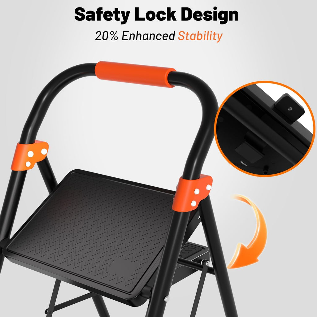3 Step Ladder, 900 lbs Capacity Heavy Duty Step Stool with Safety Lock, Black Sturdy Step Ladder with Wide Anti-Slip Pedal, Folding Step Stool with Orange Cushioned Handle for Kitchen, Home & Garage