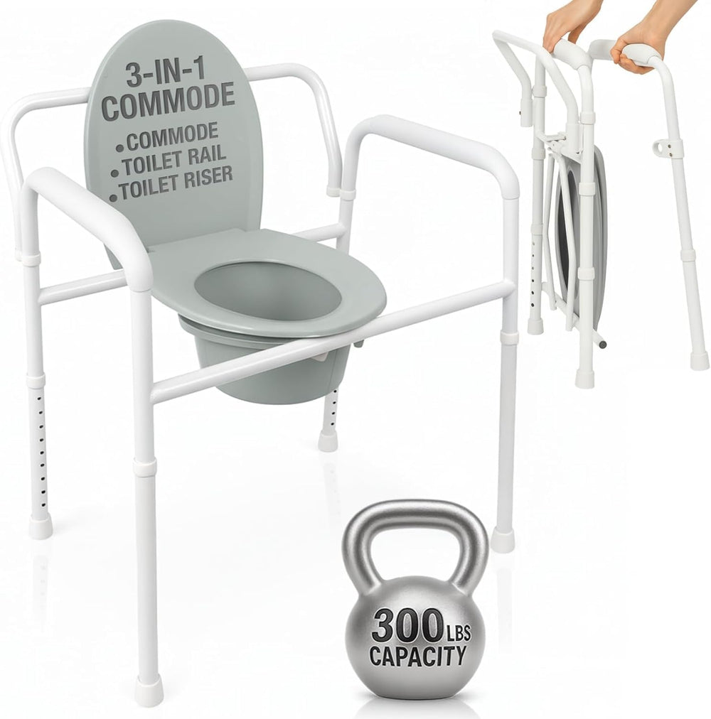 Vive Bedside Commode Toilet Chair (Folding) - 350 lb Capacity, Safety Rail, S...