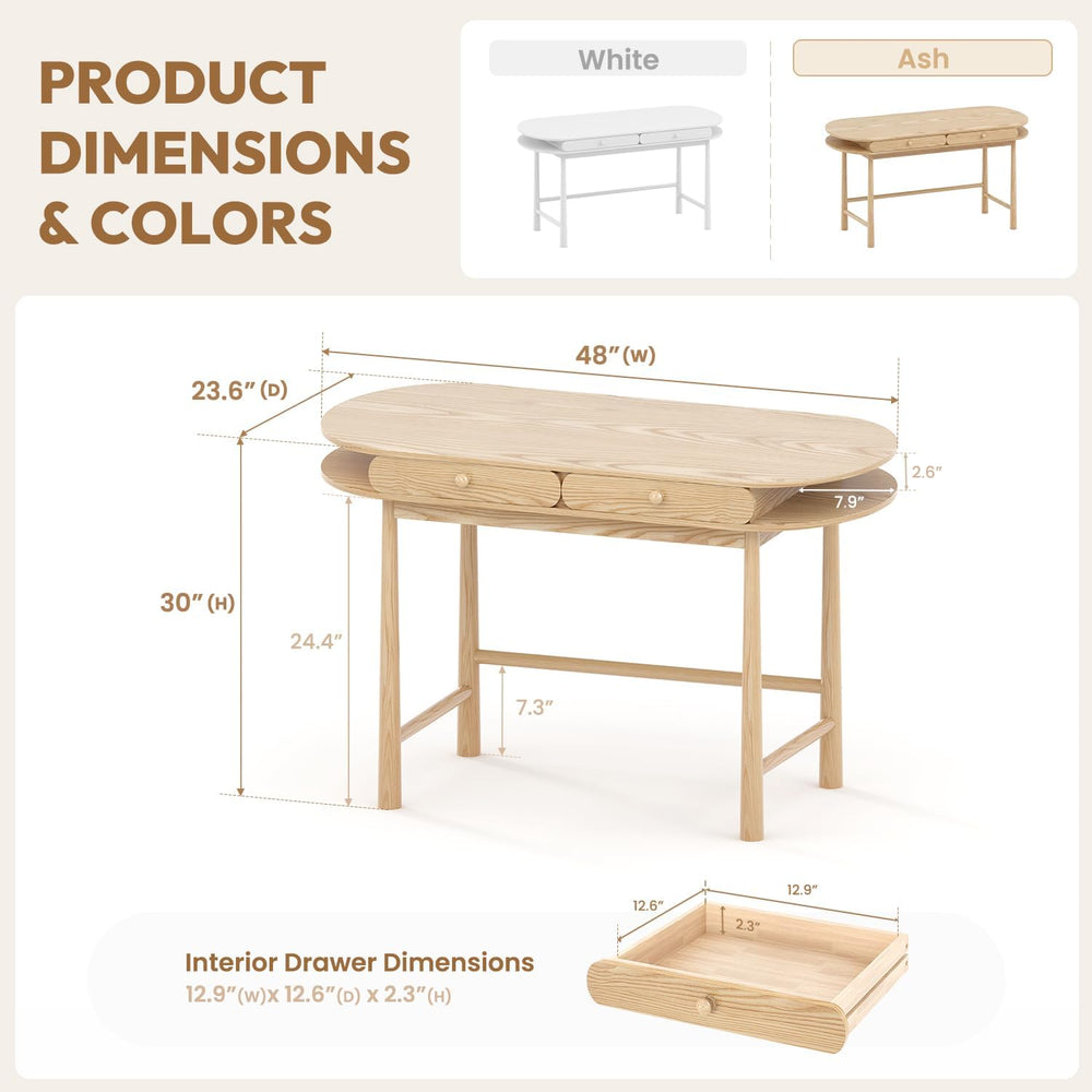 48in Solid Wood Desk - Oval-Shaped Double-Top Dressing Table, Ash