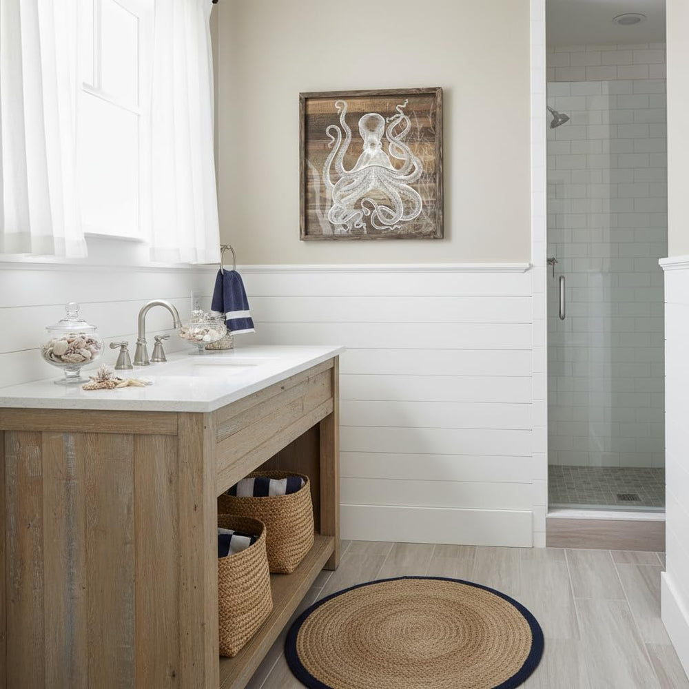 Ocean Wall Art Decor Bathroom: Octopus Framed Wood Picture Abstract Sea Life ...