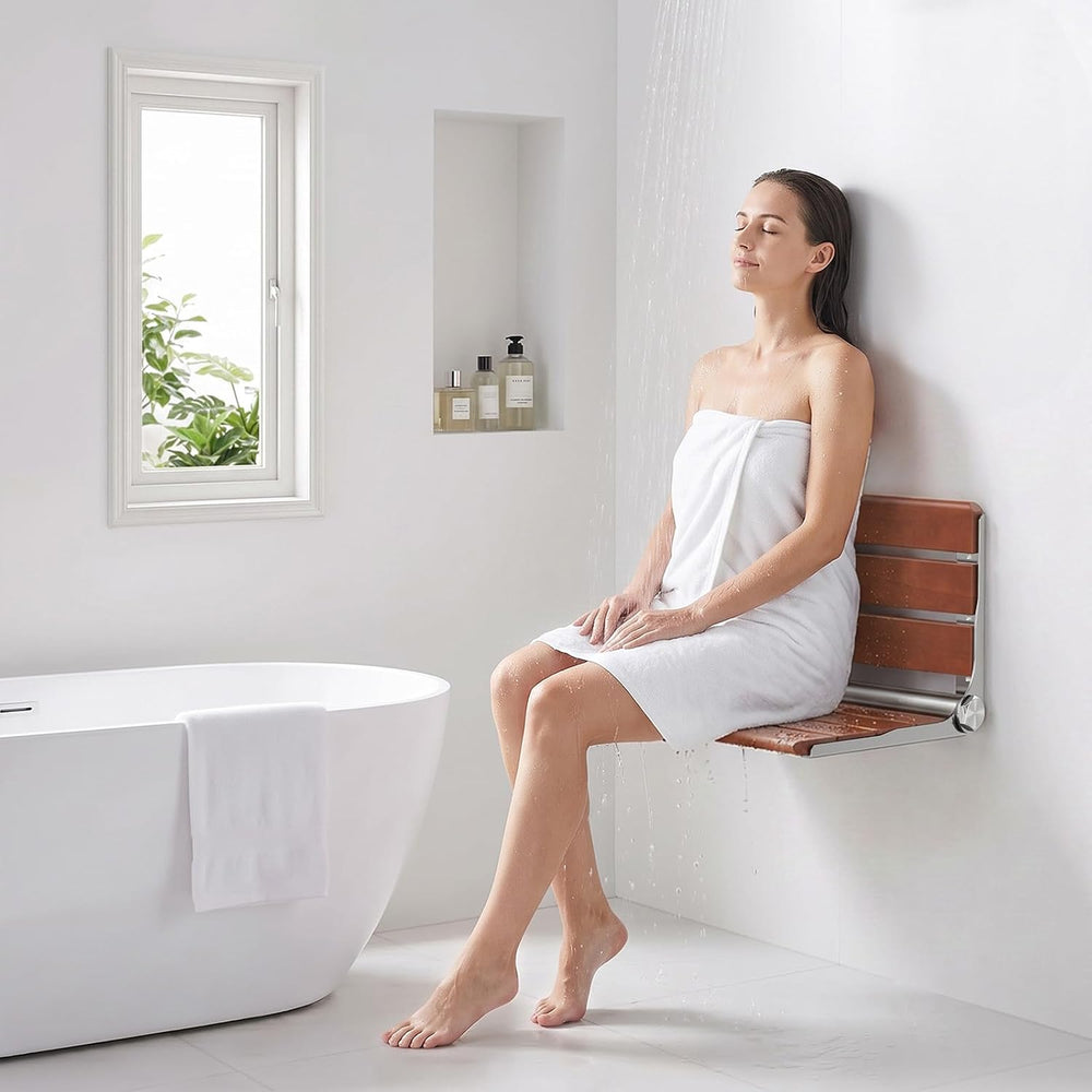 17" Folding Shower Seat Wall Mounted, Foldable Teak Shower Bench, Max 440lb
