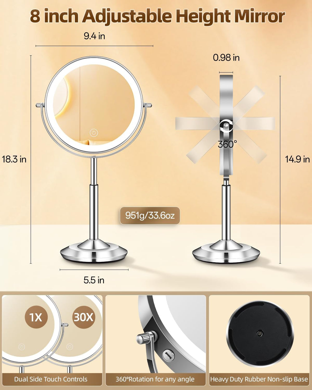 1X/30X 8" Magnifying Makeup Mirror with Lights Height Adjustable for Desk