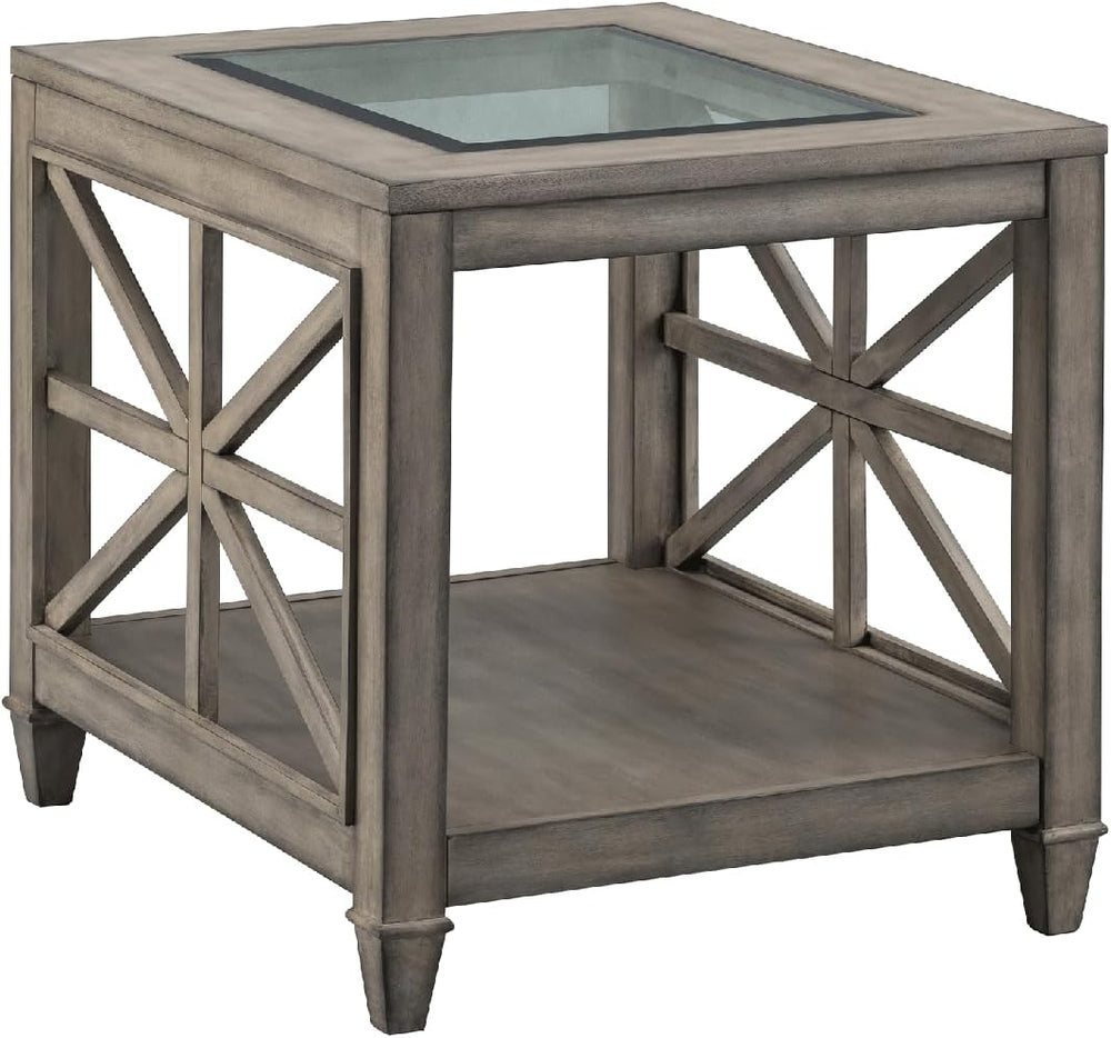 Large Solid Wood End Table with Tempered Glass Top, Antique Gray