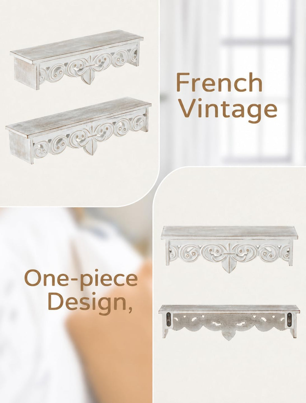 Whitewashed Floating Wall Shelves: Wood Carved Corbel Details
