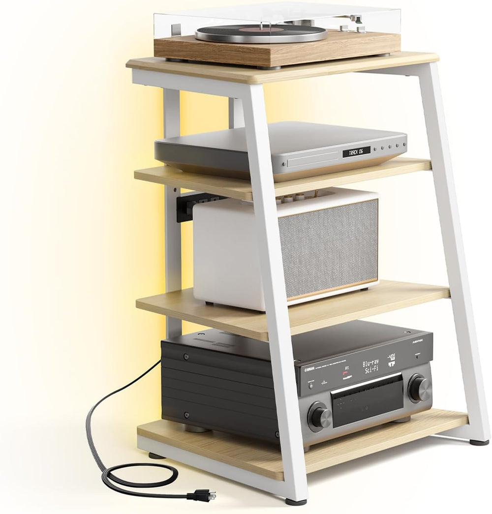 FITUEYES 4-Tier Media Stand with LED Backlight Integrated Power,White Oak