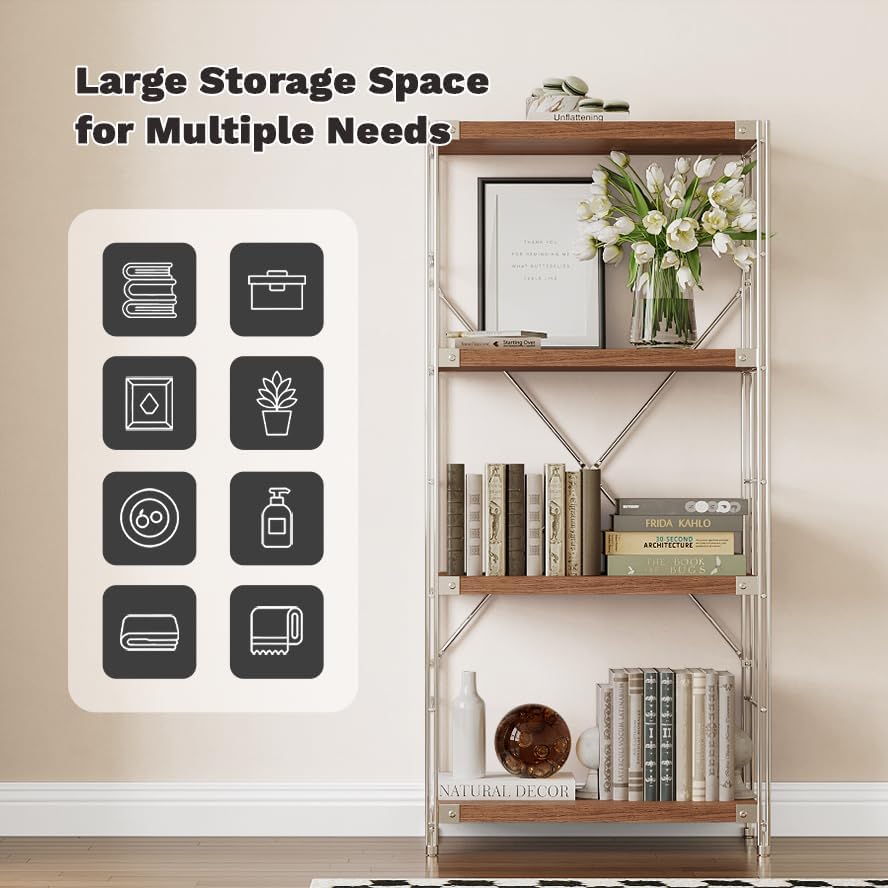 4-Tier Industrial Bookshelf, Wood and Metal Shelf Unit, Storage Bookcase