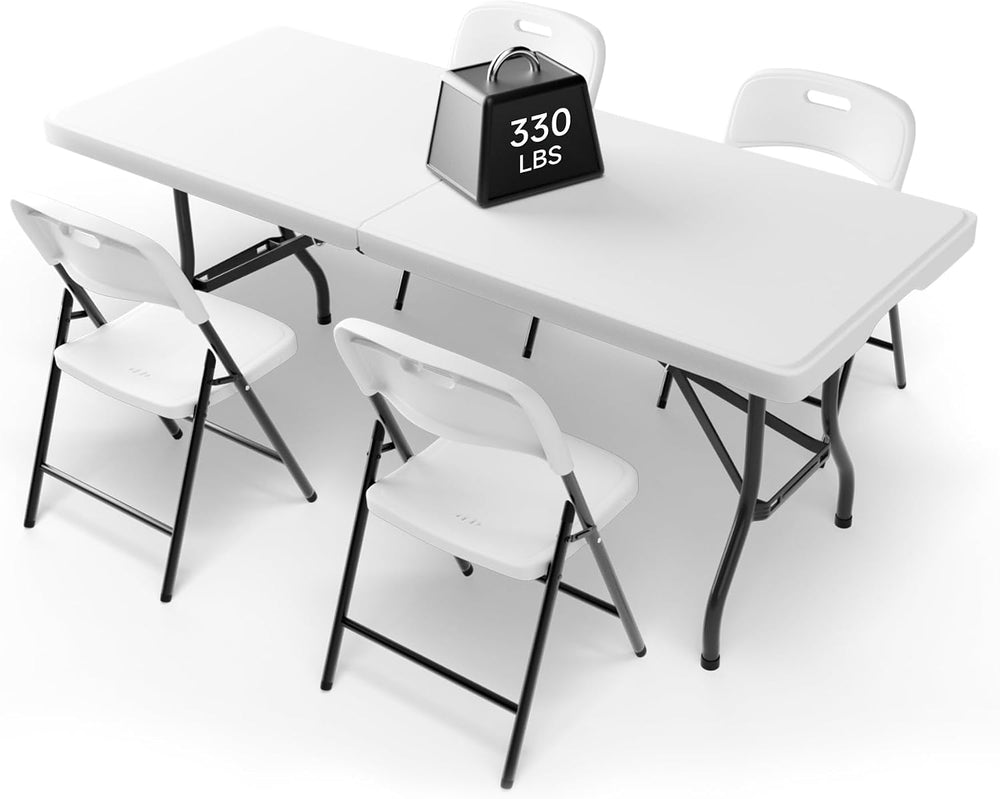 6FT Folding Table Set with 4 Chairs – Heavy-Duty 330 lb Table & 600 lb Ch...