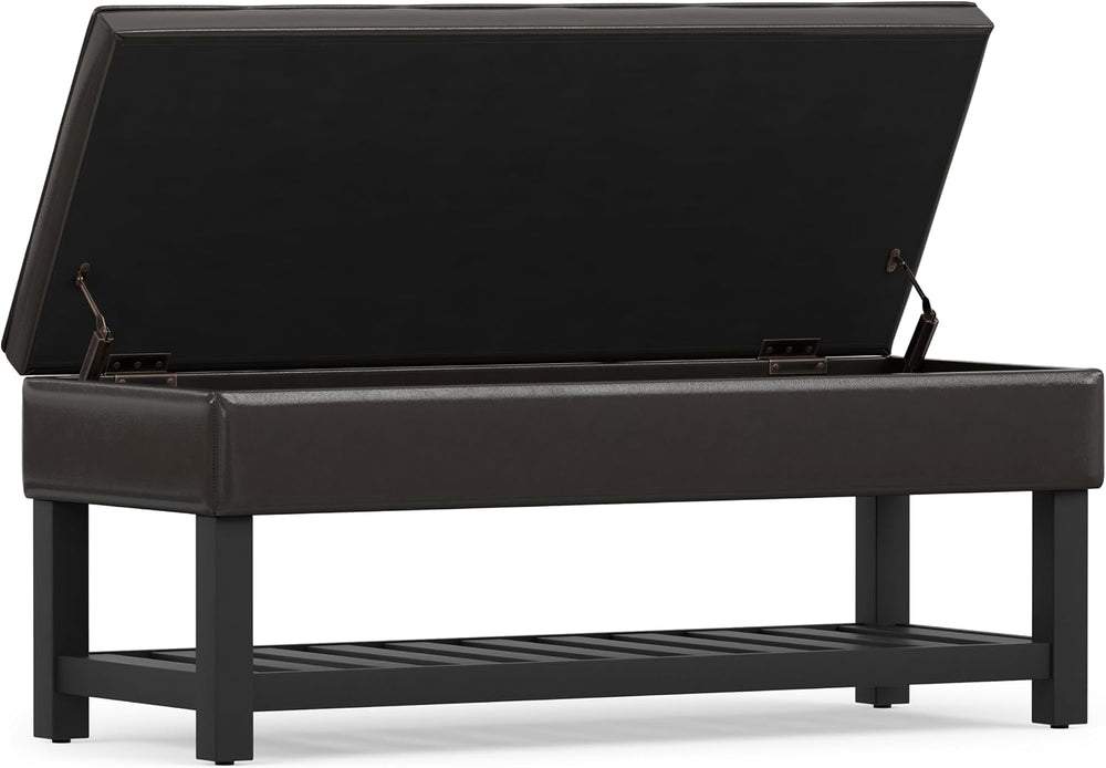 SIMPLIHOME Cosmopolitan 44" Wide Vegan Leather Storage Ottoman in Brown