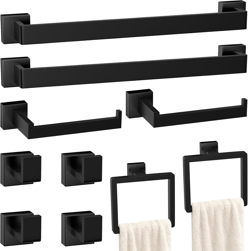 10-Pieces Matte Black Bathroom Accessories Set, 24 Inch Bath Towel Bar Set