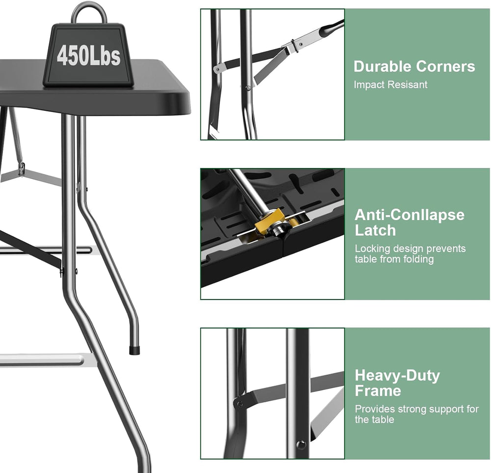 6FT Black Folding Table for Camping, Parties, Meeting, 2 Pack