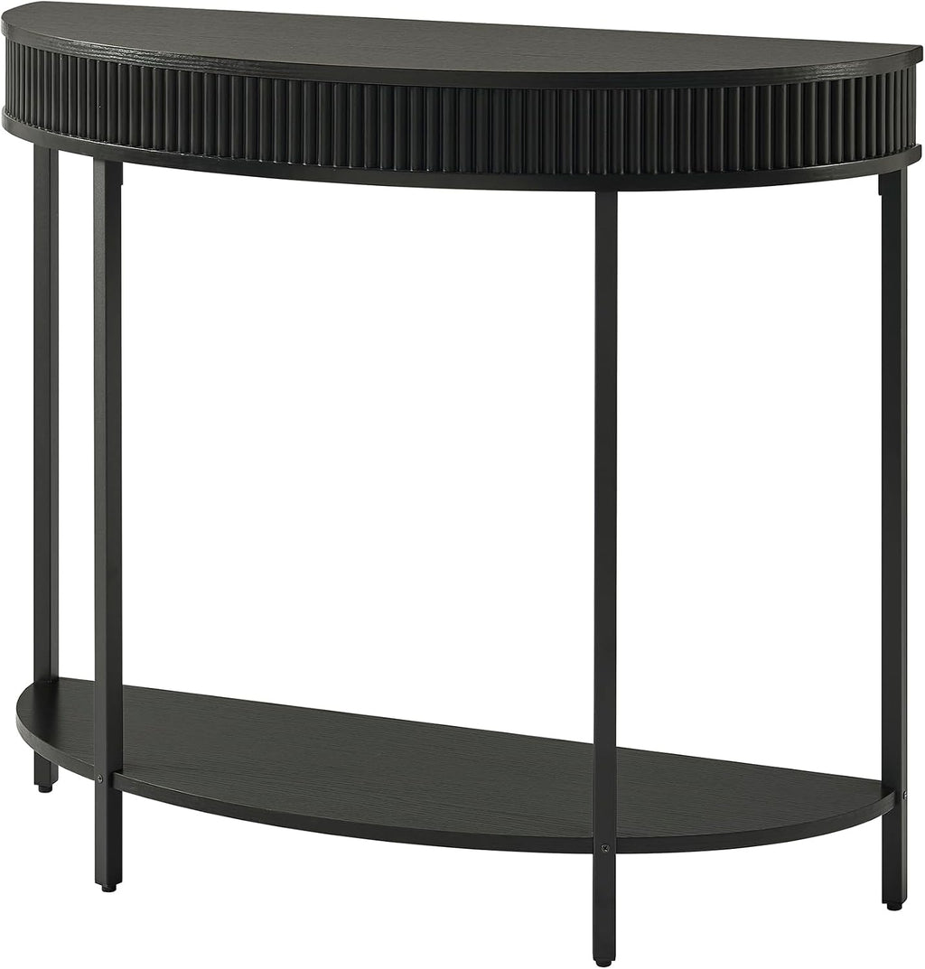 Fluted Half Moon Console Table, Modern 2-Tier Black Entryway Console