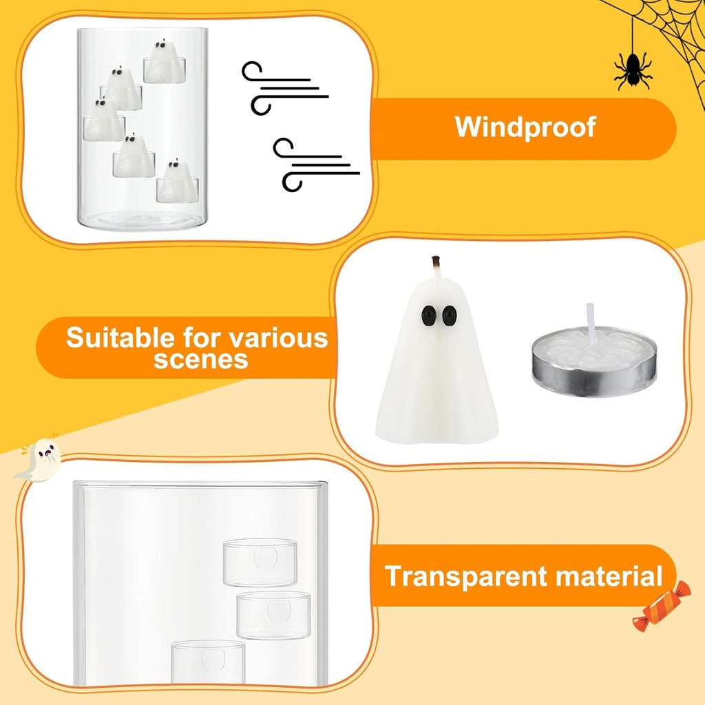 Reallnaive Halloween Glass Hurricane Candle Holder with Candles and Tea Light Clear Cylinder Pillar Candle Holder for Halloween Table Centerpiece Decorations (13 Candles,Single Style) (13 Pcs)