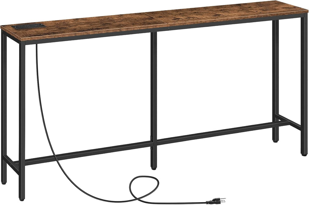 MAHANCRIS 63" Console Table with Power Outlet, Narrow Sofa Table, Brown