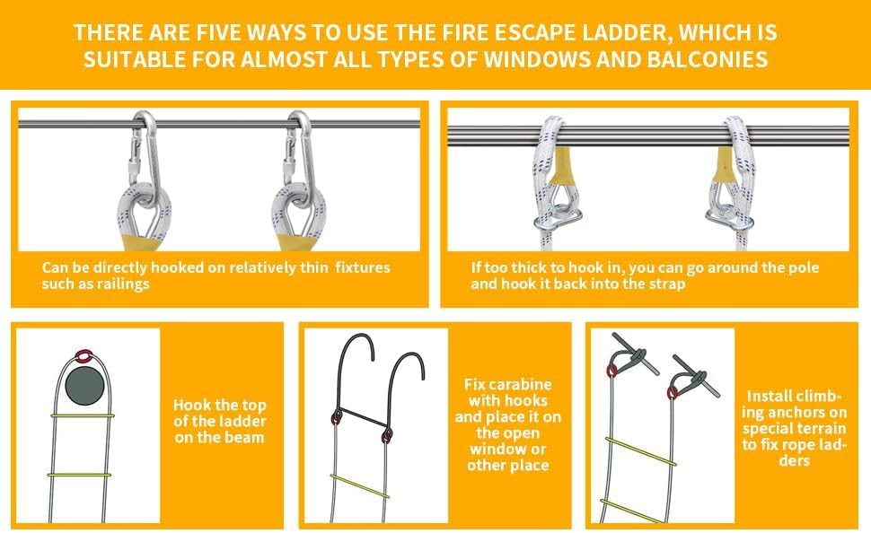 Fire Evacuation Rope Ladder, 4-Story, 32 ft, Spring Hooks & Safety Cord