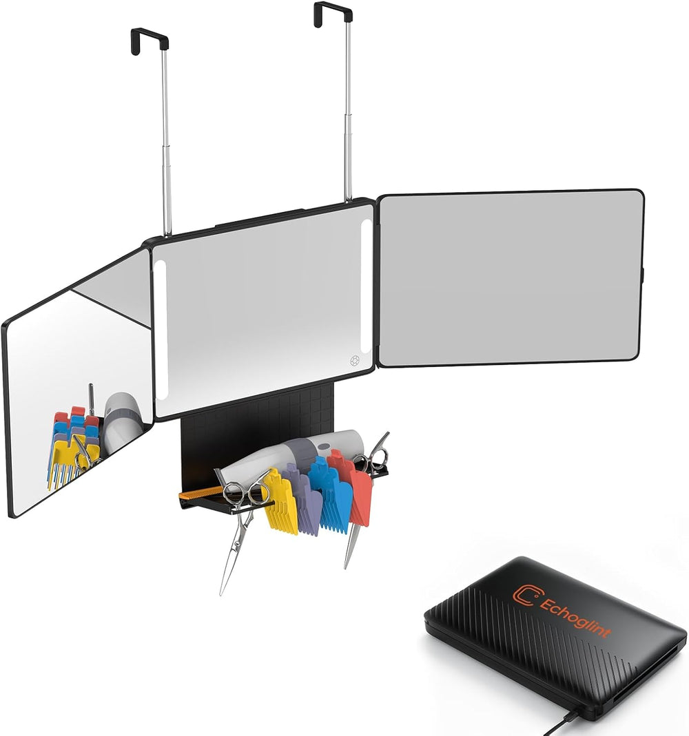3 Way Mirror for Self Hair Cutting with Storage Shelf, LED Lights