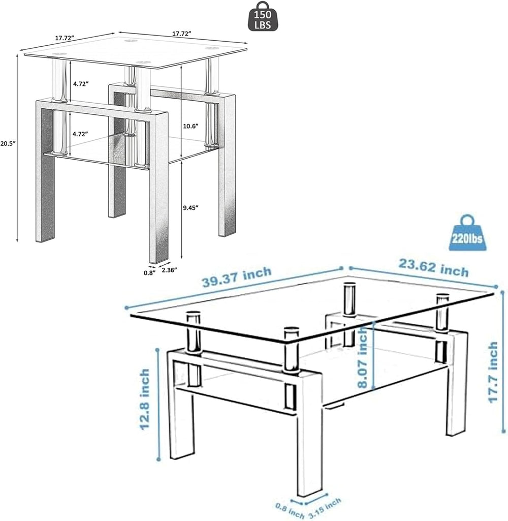 Living Room Tables Set,3 Piece Glass Coffee Table and End Tables Set for Livi...