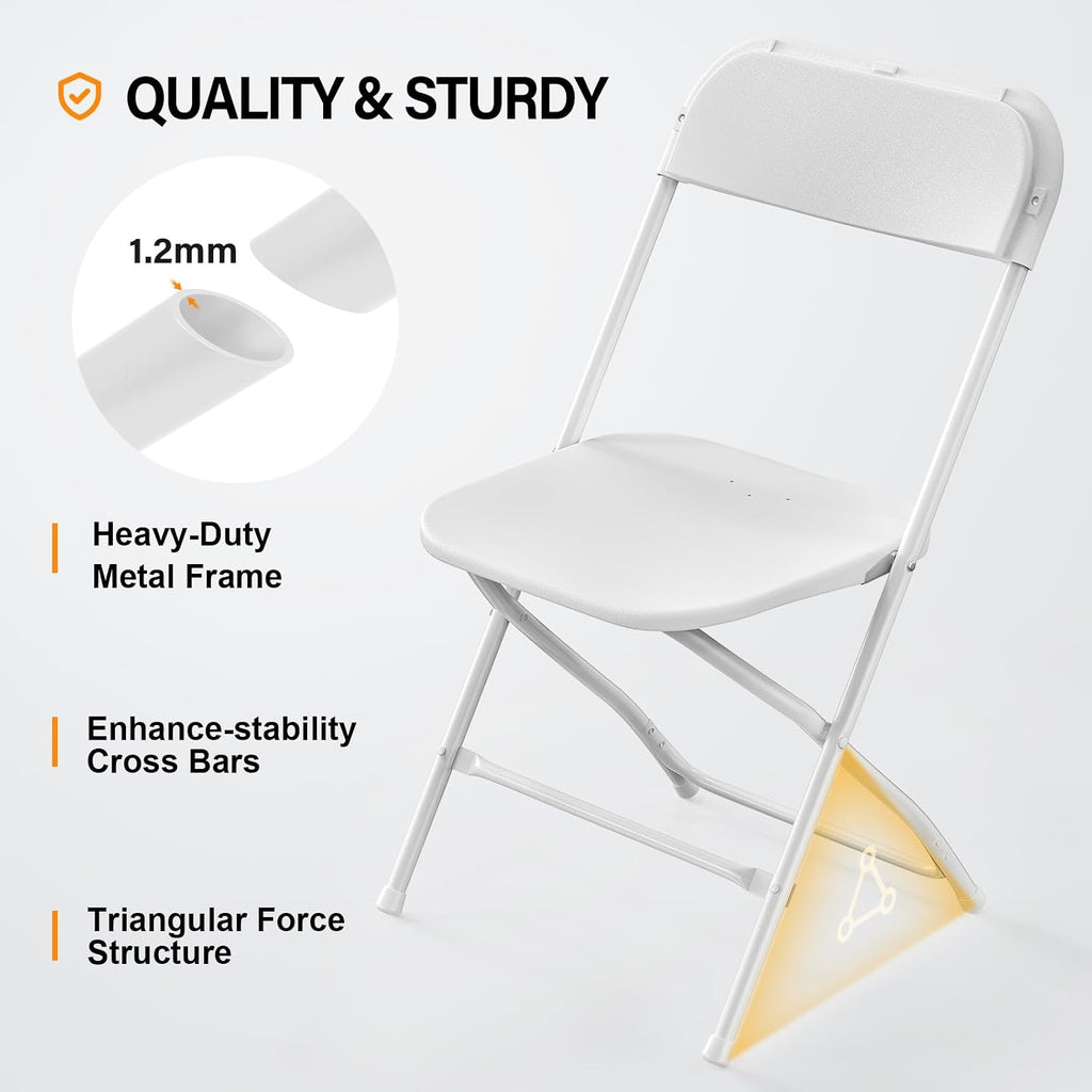 VINGLI 2 Pack White Plastic Folding Chair, Indoor Outdoor Portable Stackable Commercial Seat with Steel Frame 350lb. Capacity for Events Office Wedding Party Picnic Kitchen Dining
