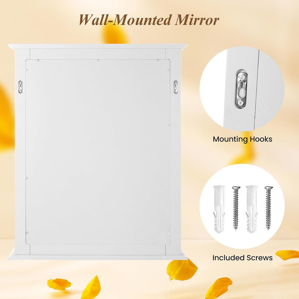 CHARMAID Bathroom Mirror with Shelf - 27" x 22.5" Wall Mirror Over Bathroom Sink, Wooden Frame Modern Rectangular Hanging Vanity Makeup Mirrors for Washroom, Entryway (White,27" L x 22.5" W)