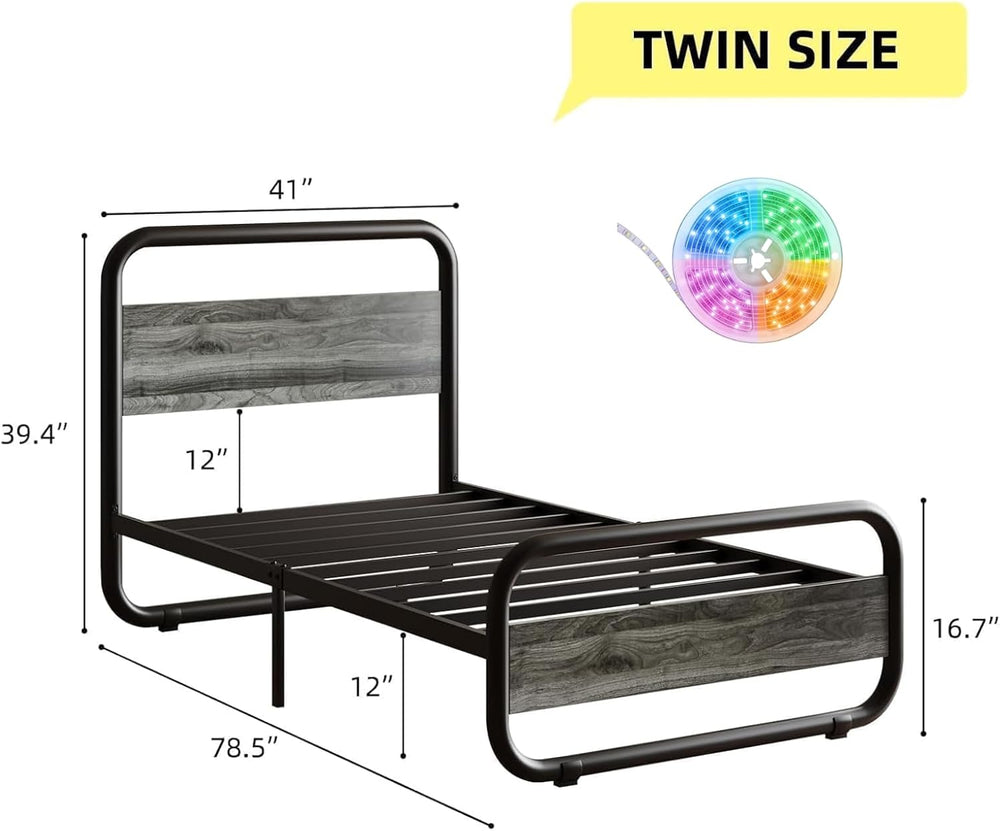 Catrimown Twin Size Bed Frame with Headboard and LED Lights, Grey