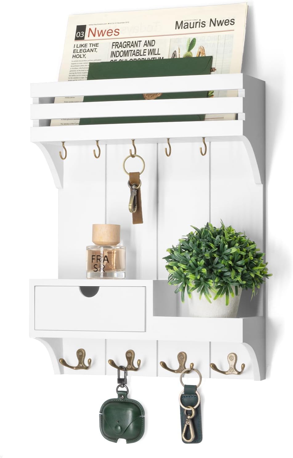 Rebee Vision Key Holder Wall Mount with Drawer & Shelf for Entryway, White