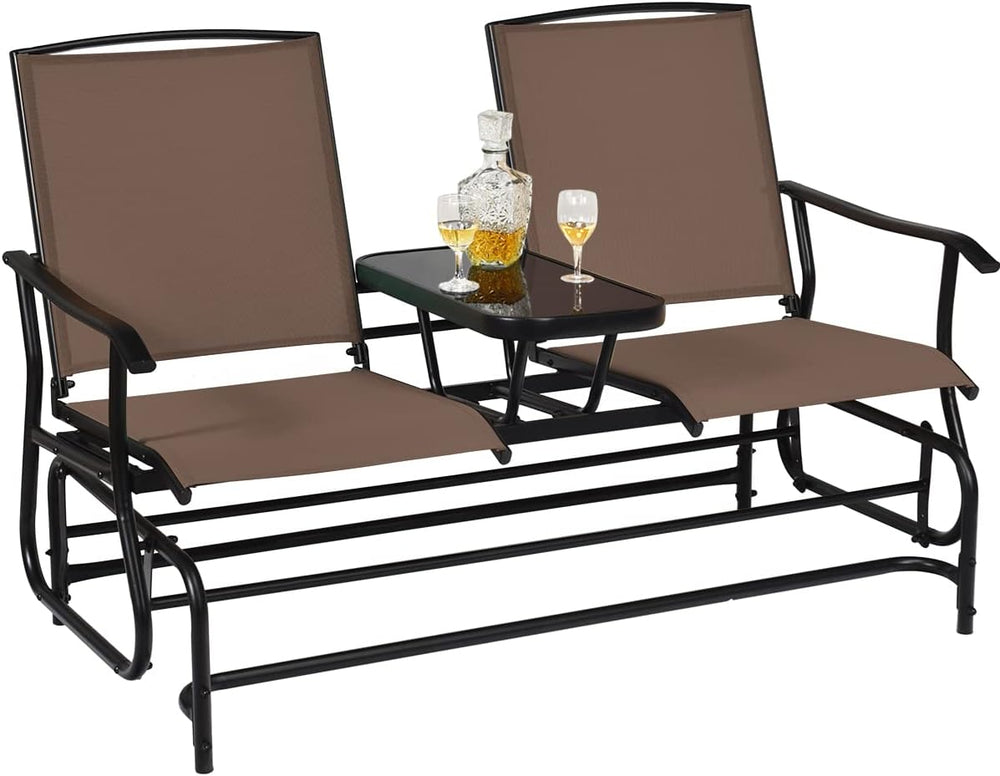 GIANTEX Patio Bench Glider Chair with Metal Frame, Center Tempered Glass Tabl...