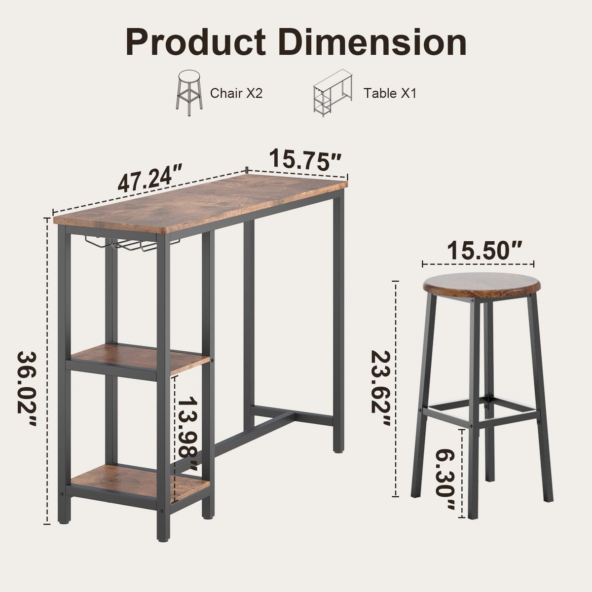 Qsun 3-Piece Bar Table Set for 2 | Bar Height Table with Stools & 2 Storage Shelves, Small Bar Table Set with Glass Rack, Small Kitchen Table for Dining Room
