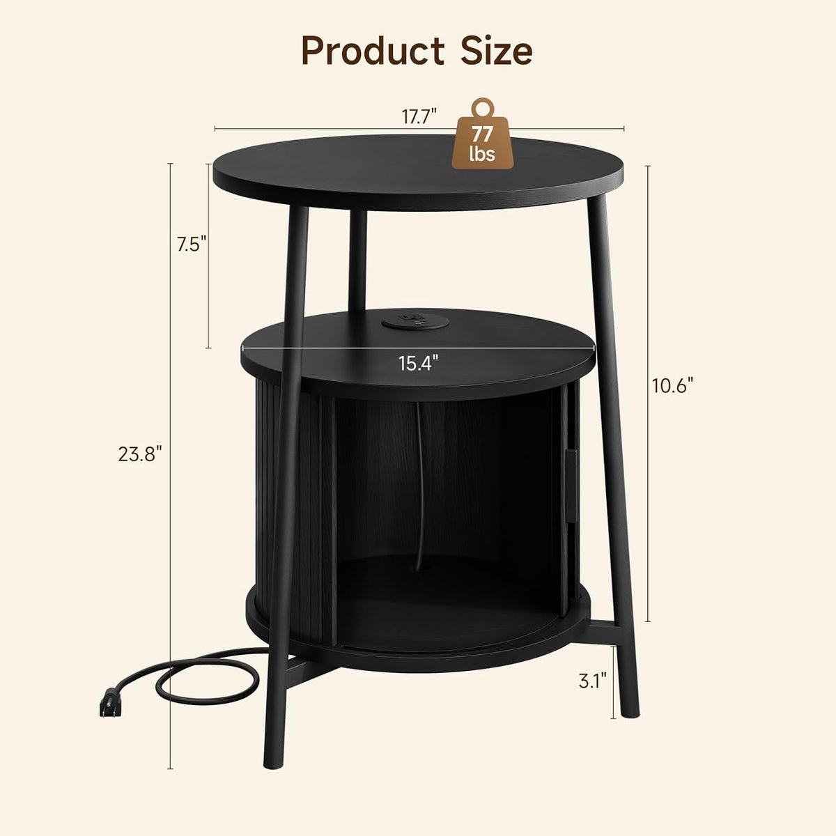 ONBRILL Round Fluted Side Table with Storage, Nightstand, 2 Sets Black