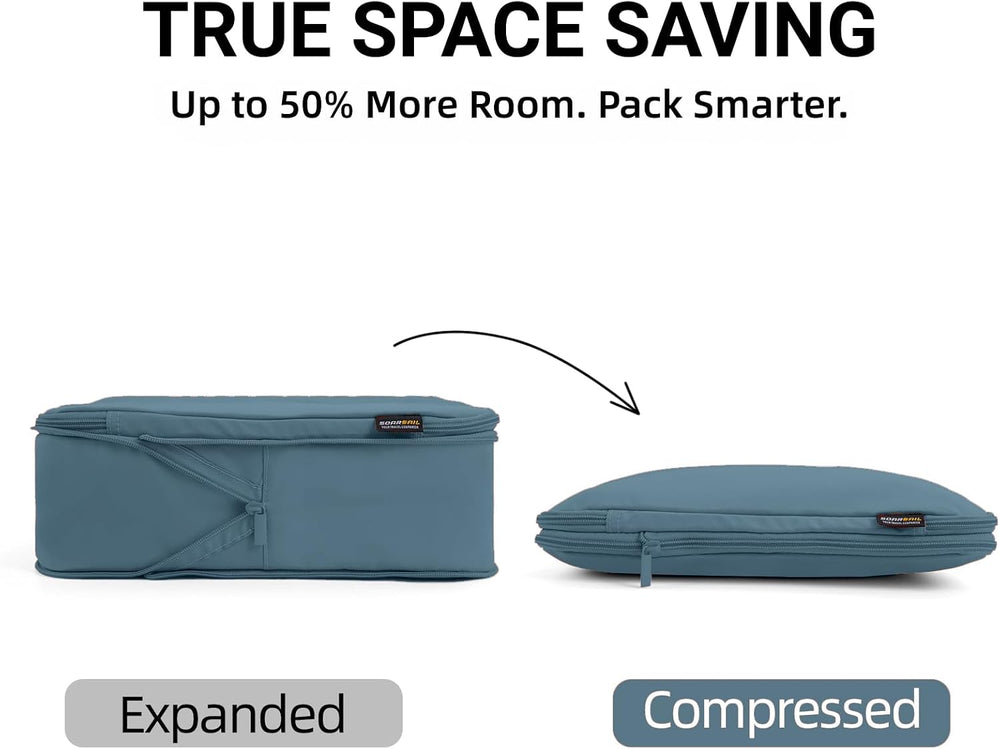 6 Piece Compression Packing Cubes for 7–14 Day Travel, Gray Blue