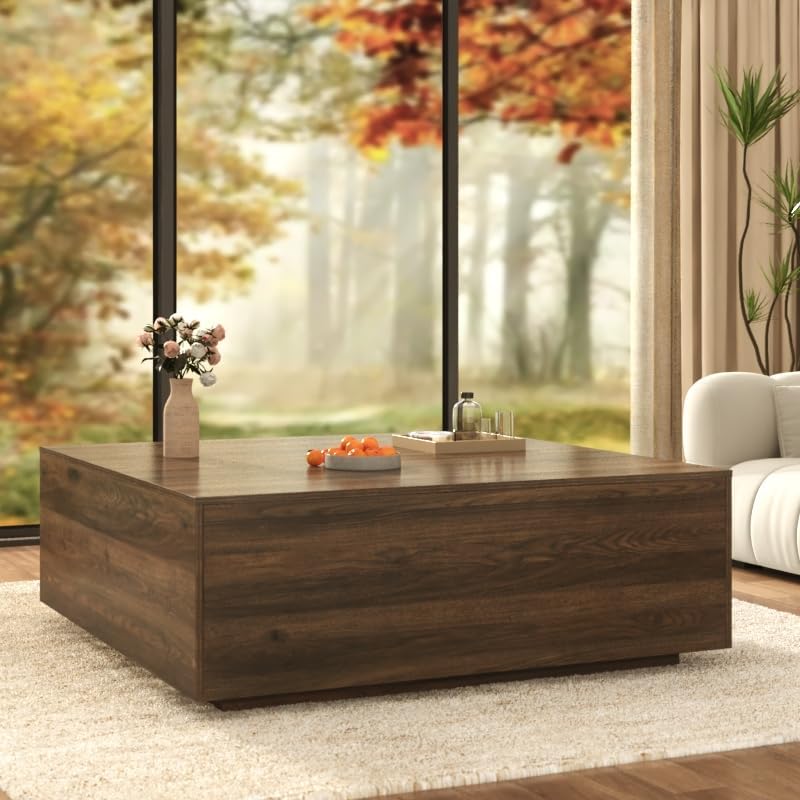 47 Inch Large Square Coffee Table with Storage,Wooden Coffee Table((Walnut)