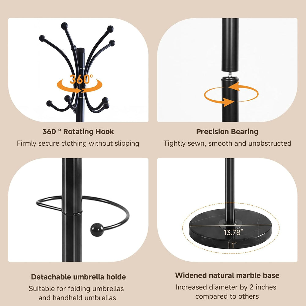 Marble Base Coat Rack Freestanding, 360° Rotary 16 Hooks Black