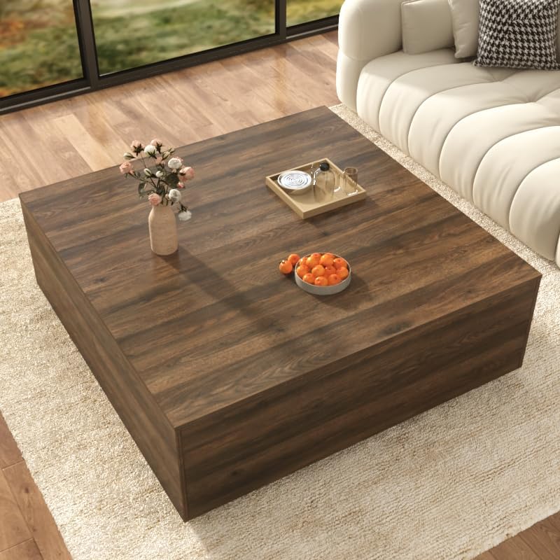 47 Inch Large Square Coffee Table with Storage,Wooden Coffee Table((Walnut)