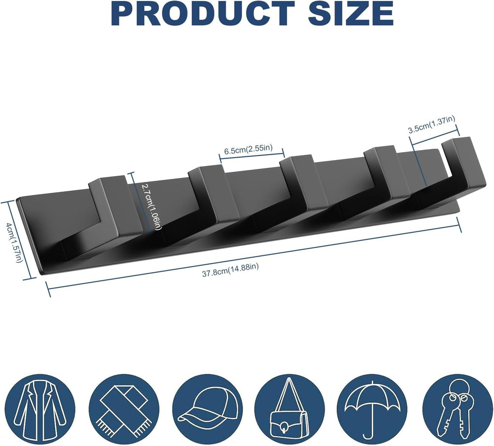 PMMASTO Stainless Steel Wall Coat Rack, Black- 5 Hooks, 2 Pack, L Shape