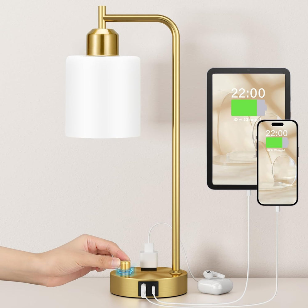 Innqoo Gold Lamp for Bedroom - Industrial Bedside Table Lamp with USB Port an...