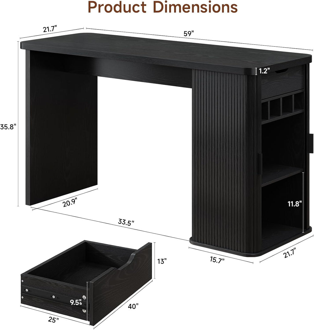 ONBRILL 59 Inch Fluted Kitchen Island with Storage Black