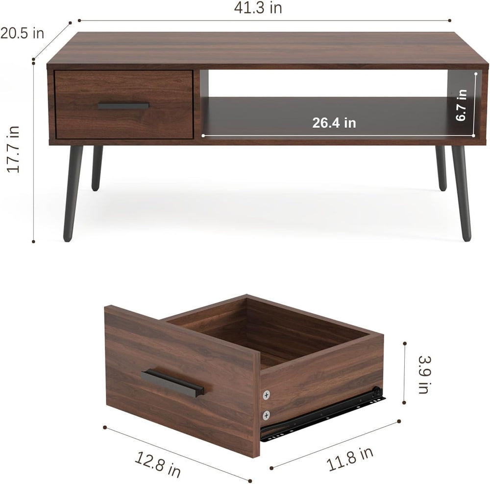 HAIOOU Mid Century Modern Coffee Table with Storage for Living Room -Walnut