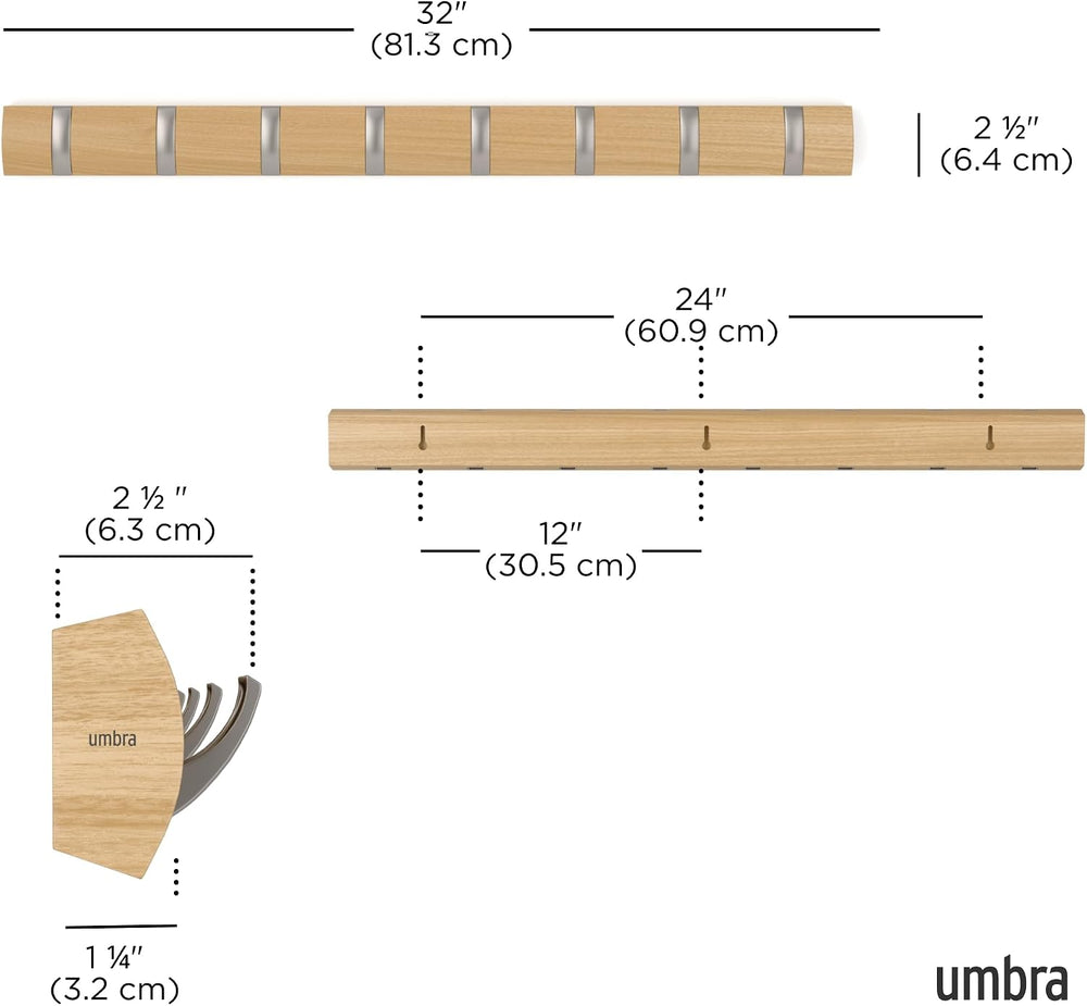 Umbra Flip Coat Rack, Wall Mount 8-Hook, Space Saving, Natural/Nickel