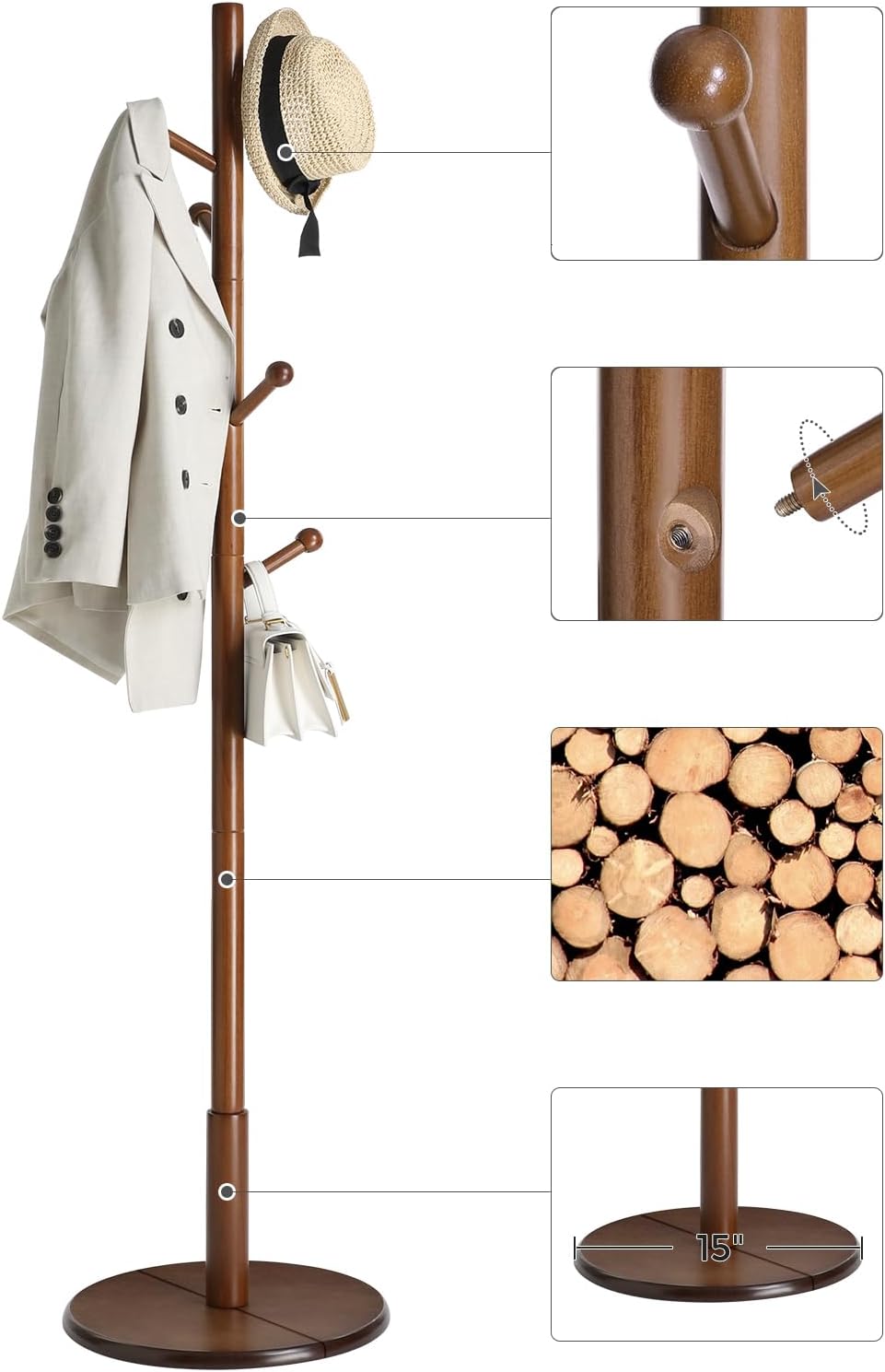 VASAGLE Solid Wood Coat Rack, Free Standing, 8 Hooks, 3 Height Options