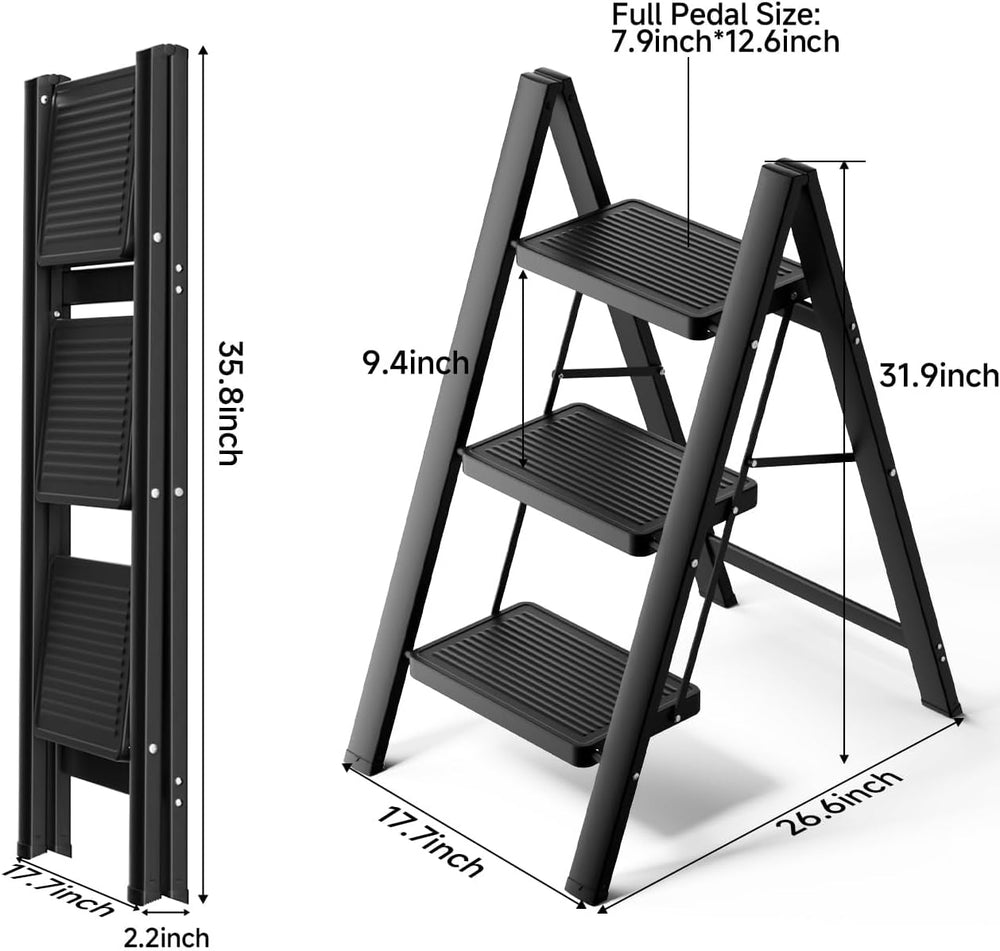 SOLADDER 3 Step Ladder, Folding Step Stool, Lightweight Stepladder, Black