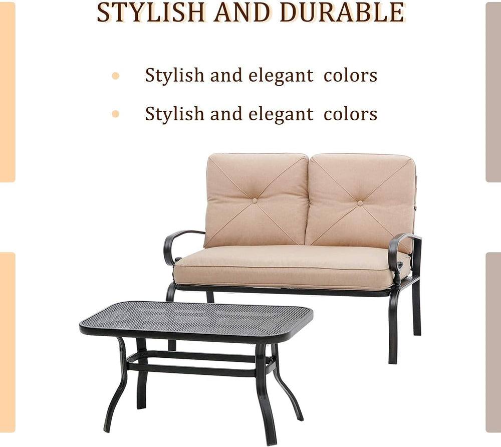 Outdoor 2 Pcs Patio Loveseat Bench Set with Bistro Coffee Table and Patio Ste...